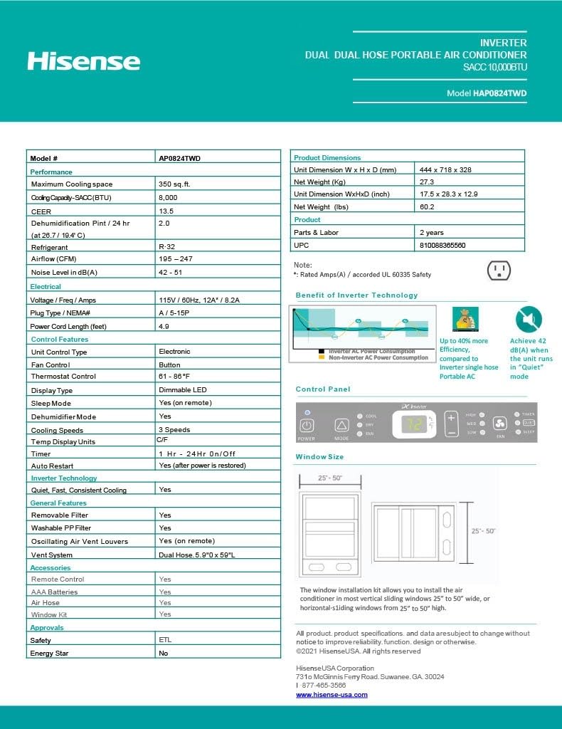 Hisense 8,000 BTU Portable Air Conditioner with Dual Hose & Inverter, 350 Sq Ft, Wi-Fi, ConnectLife App for Google and Alexa