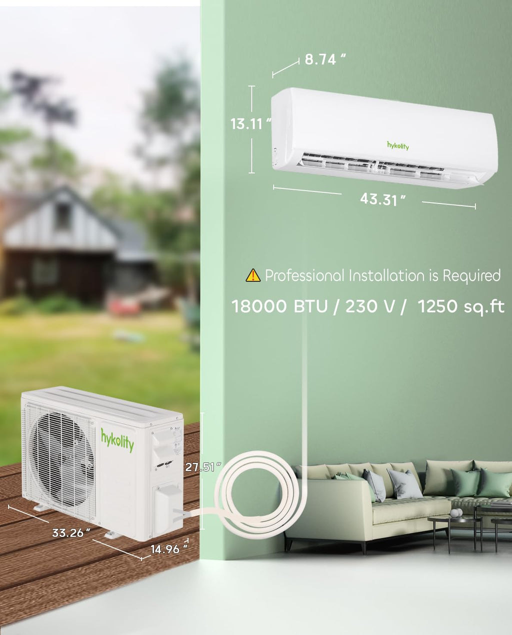 Wifi Enabled 18,000 BTU Mini Split Air Conditioner & Heater, 19 SEER2 230V Split AC Unit Ductless Inverter System