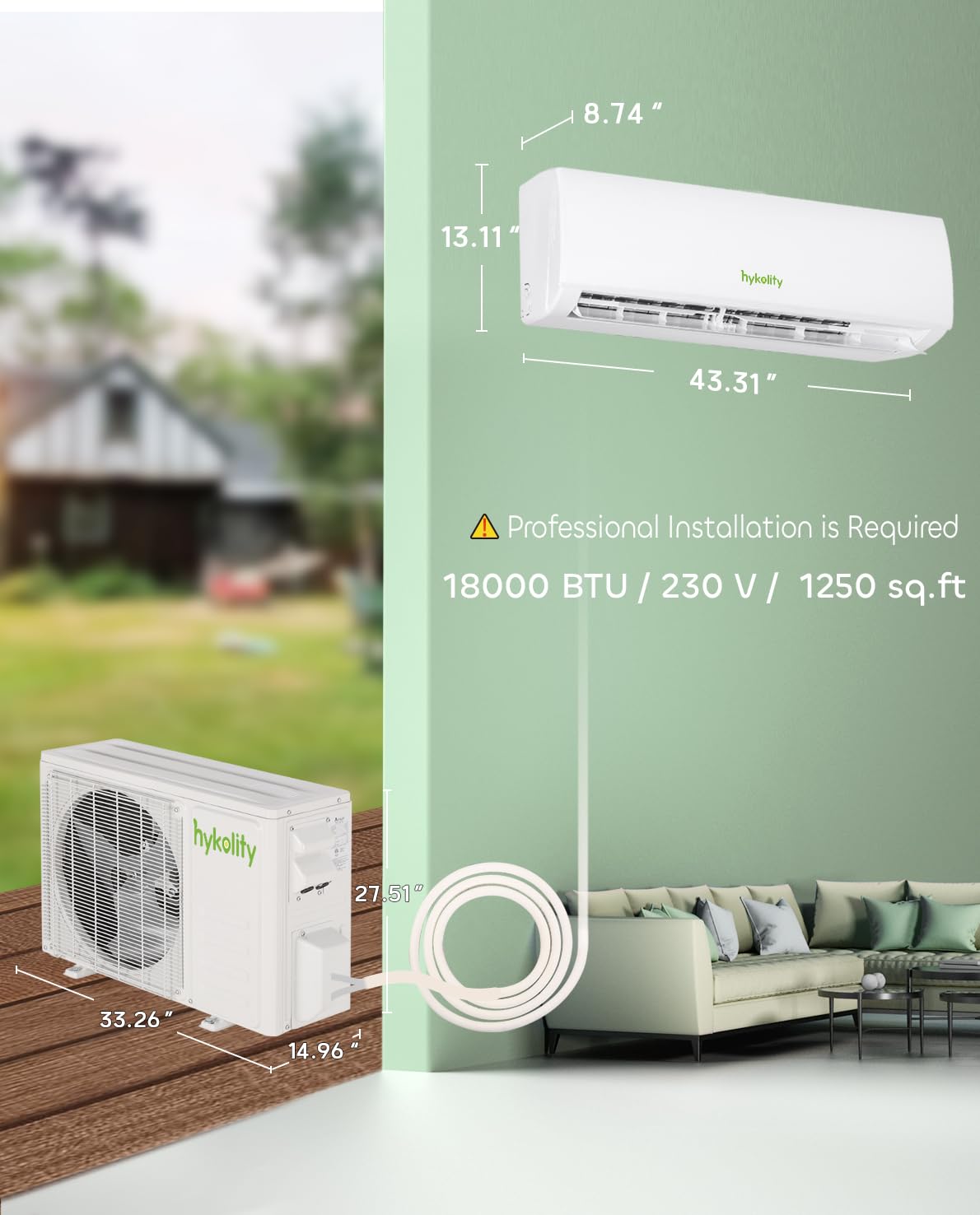 Wifi Enabled 18,000 BTU Mini Split Air Conditioner & Heater, 19 SEER2 230V Split AC Unit Ductless Inverter System