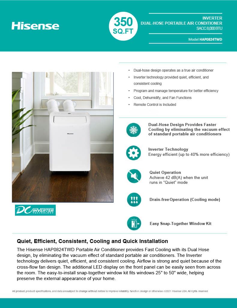 Hisense 8,000 BTU Portable Air Conditioner with Dual Hose & Inverter, 350 Sq Ft, Wi-Fi, ConnectLife App for Google and Alexa