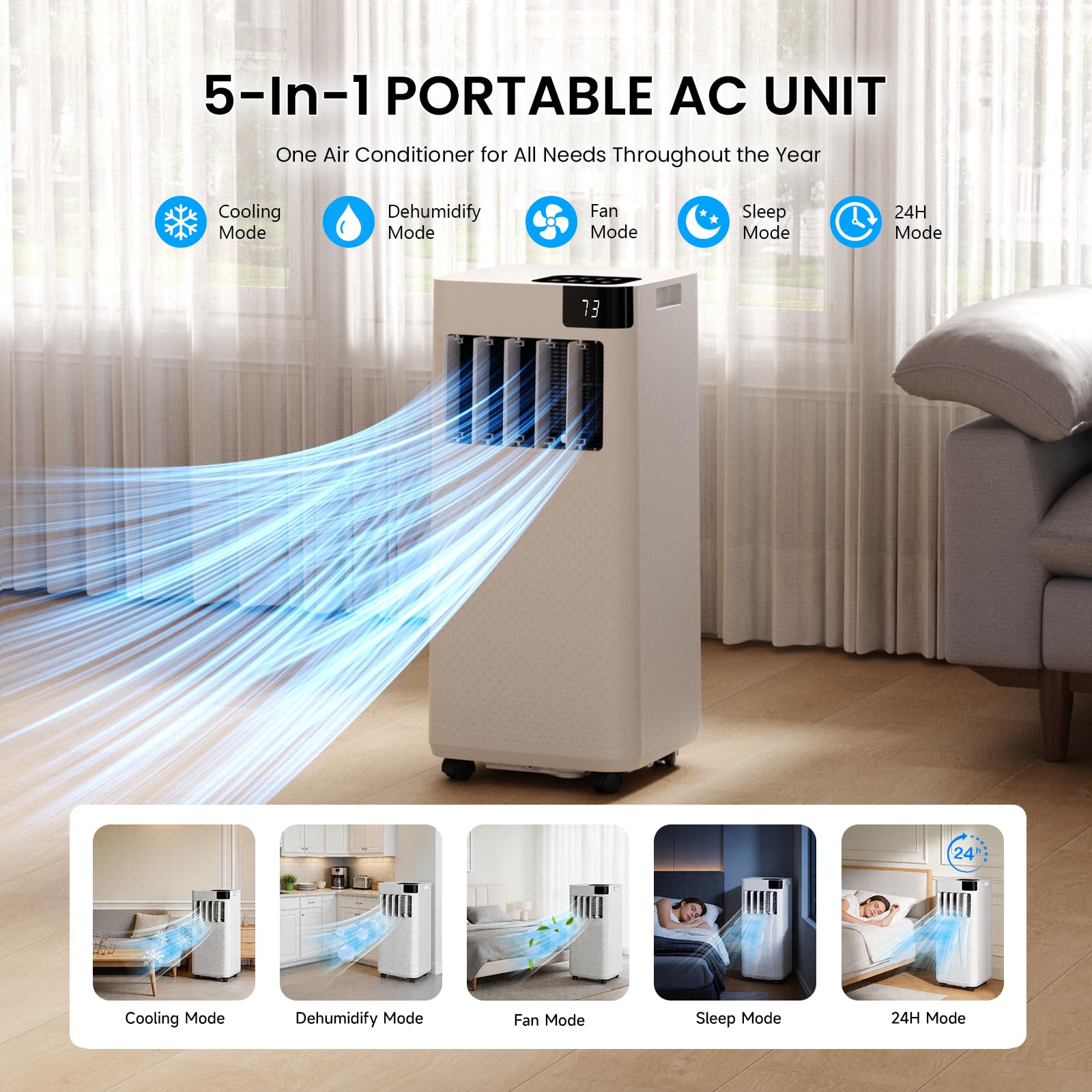 Augsmile Portable Air Conditioner 16,000 BTU with WiFi App Control, 5-in-1 AC Unit (Cool, Fan, Dehumidifier, Sleep, Timer)