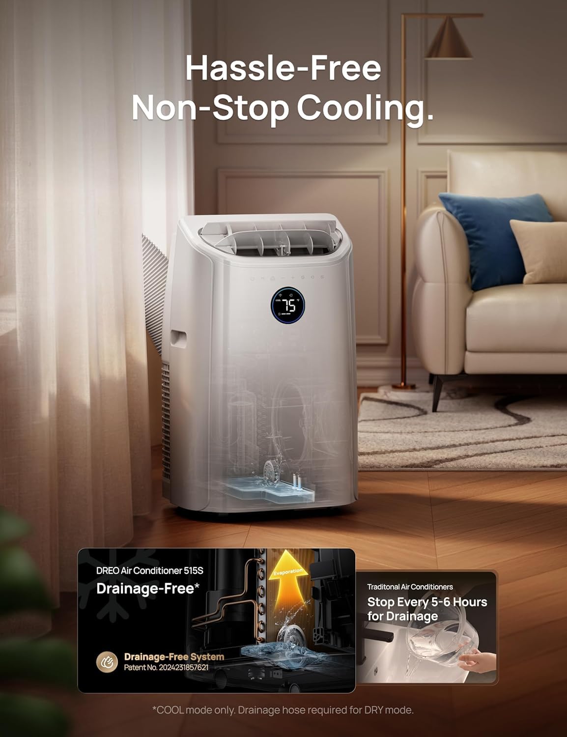 DREO Portable Air Conditioner 515S, 12000 BTU ASHRAE (8000 BTU DOE) Smart AC Unit for Bedroom with Drainage-free Cooling