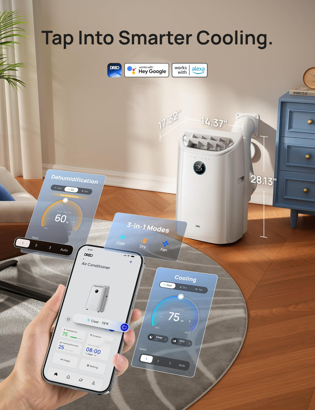 DREO Portable Air Conditioner 515S, 12000 BTU ASHRAE (8000 BTU DOE) Smart AC Unit for Bedroom with Drainage-free Cooling