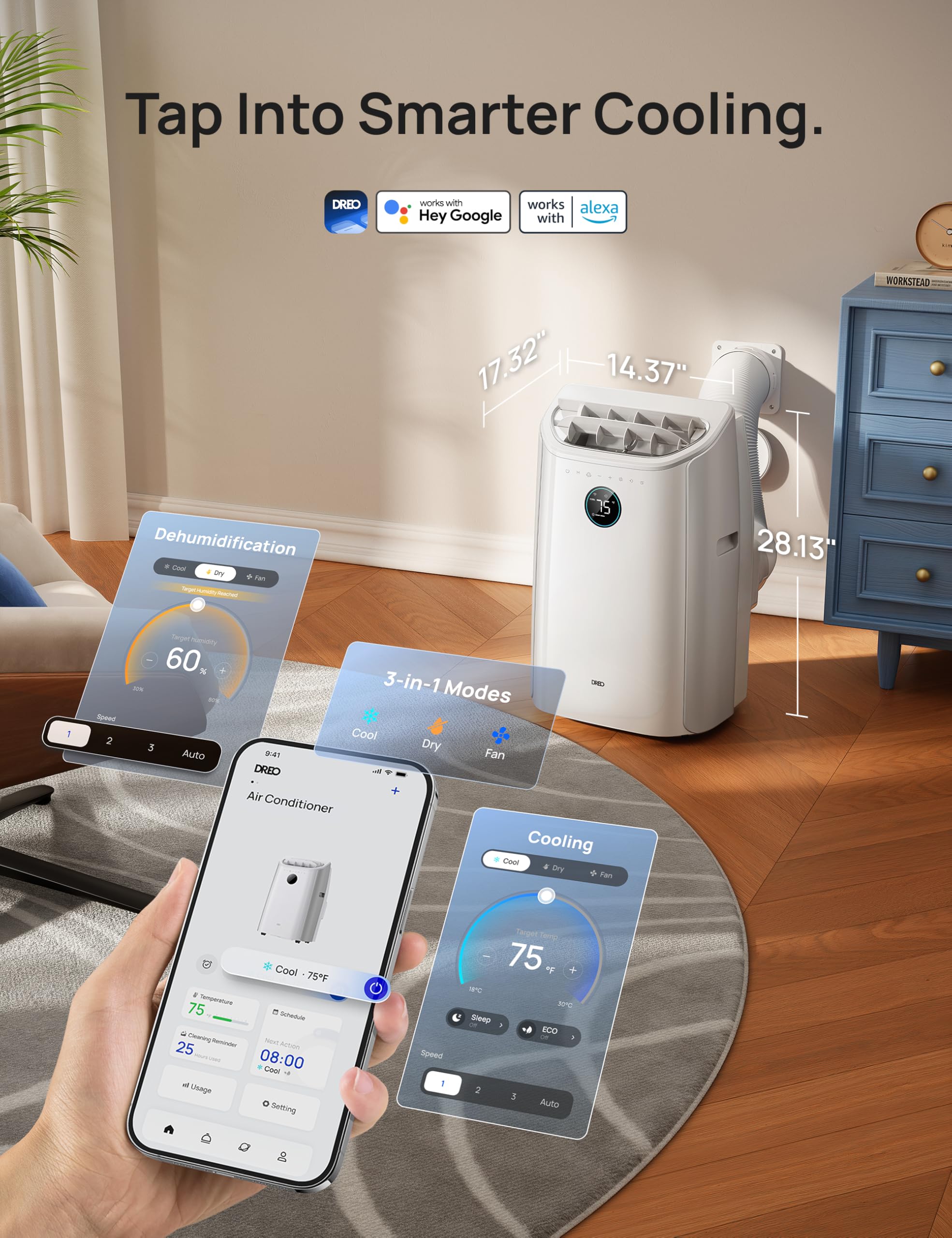 DREO Portable Air Conditioner 515S, 12000 BTU ASHRAE (8000 BTU DOE) Smart AC Unit for Bedroom with Drainage-free Cooling