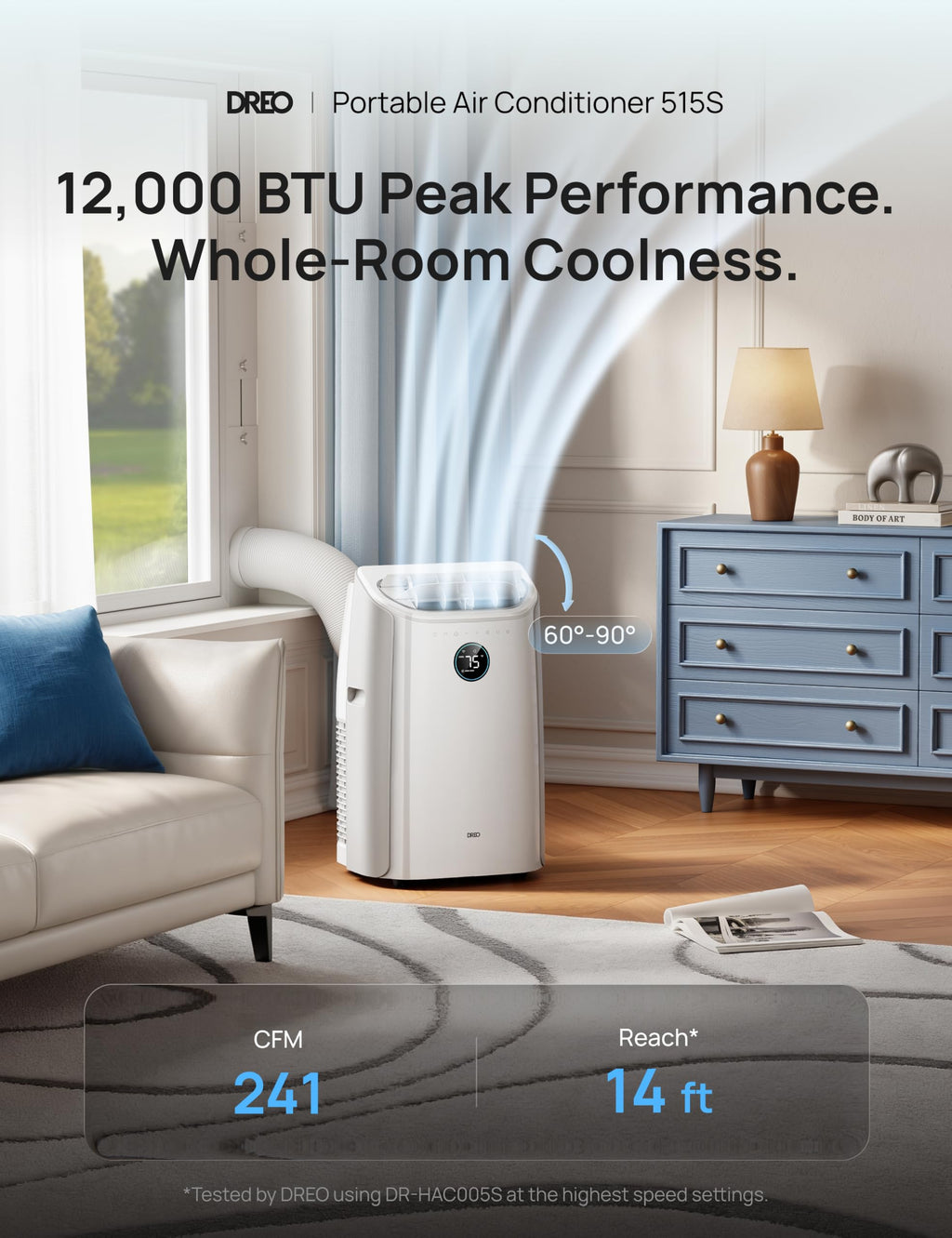 DREO Portable Air Conditioner 515S, 12000 BTU ASHRAE (8000 BTU DOE) Smart AC Unit for Bedroom with Drainage-free Cooling