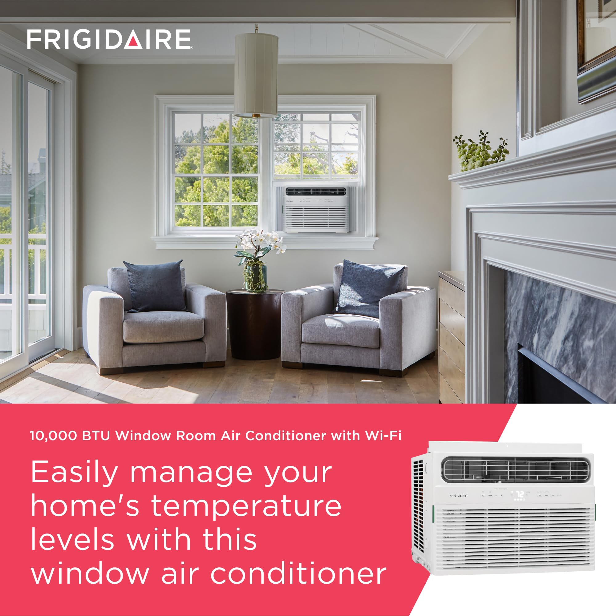 Frigidaire 10,000 BTU Smart Window Air Conditioner with Wi-Fi, Cools Up to 450 Sq. Ft., Remote Control, Quiet Operation, Eco Mode, 3 Fan Speeds, White