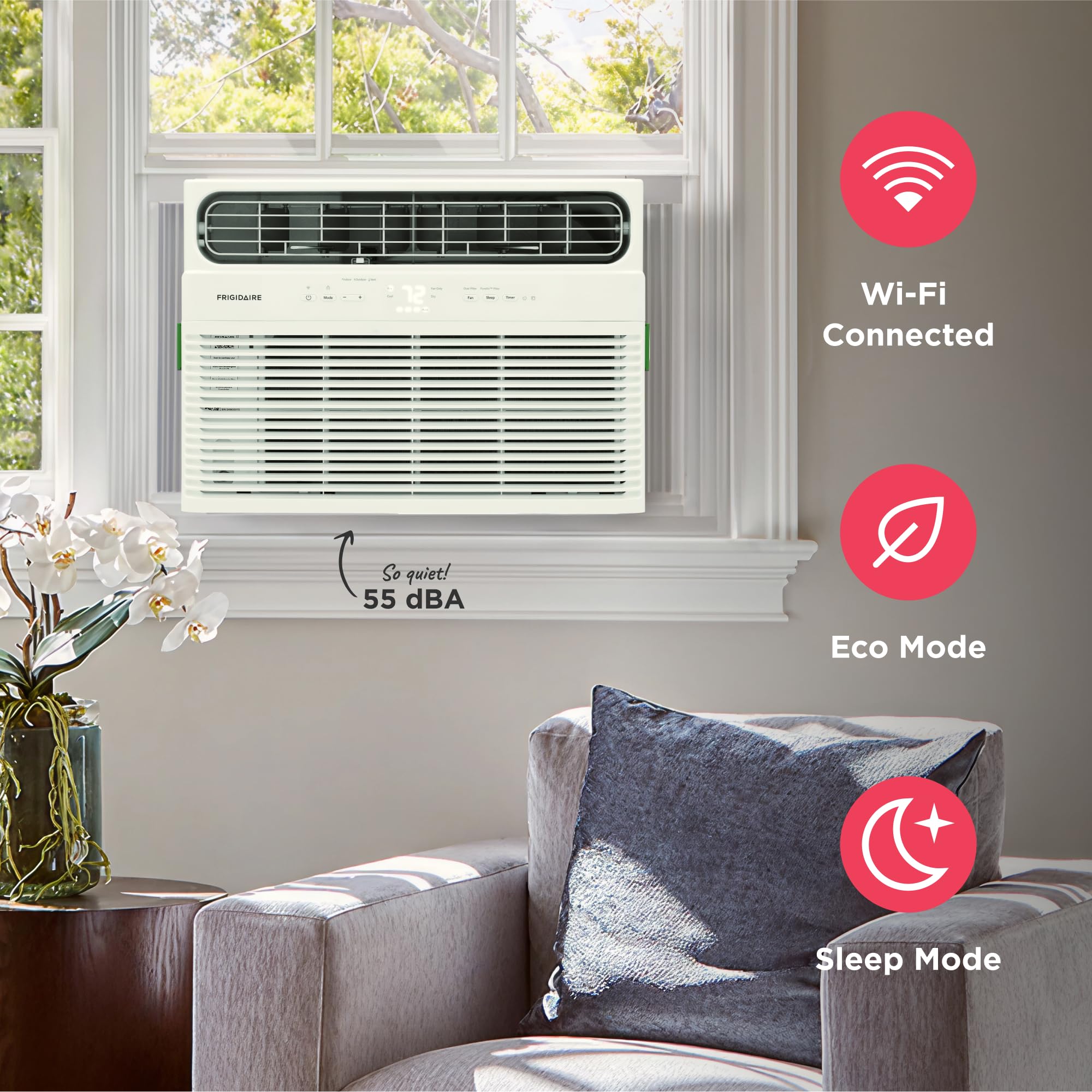 Frigidaire 12,000 BTU Smart Window Air Conditioner with Wi-Fi, Cools Up to 550 Sq. Ft., Remote Control, Quiet Operation, Eco Mode, 3 Fan Speeds, White