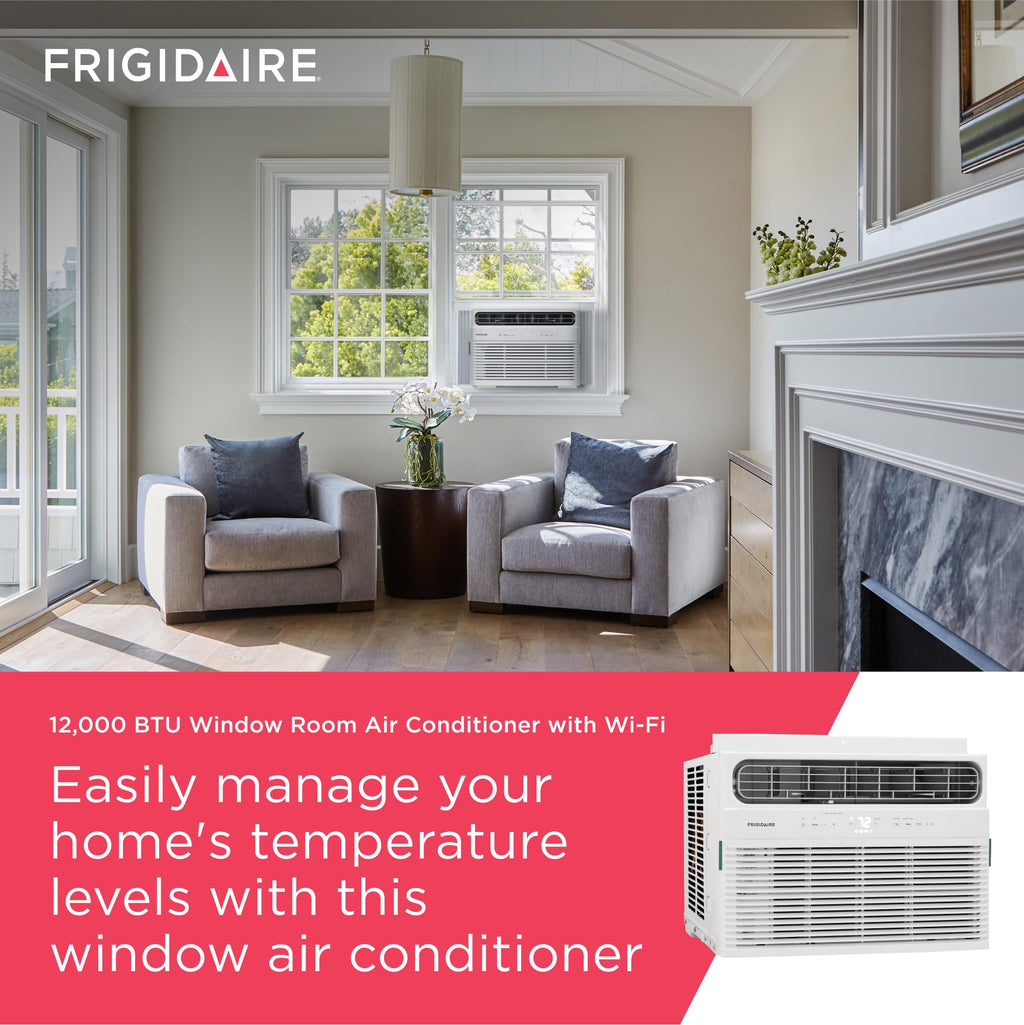 Frigidaire 12,000 BTU Smart Window Air Conditioner with Wi-Fi, Cools Up to 550 Sq. Ft., Remote Control, Quiet Operation, Eco Mode, 3 Fan Speeds, White